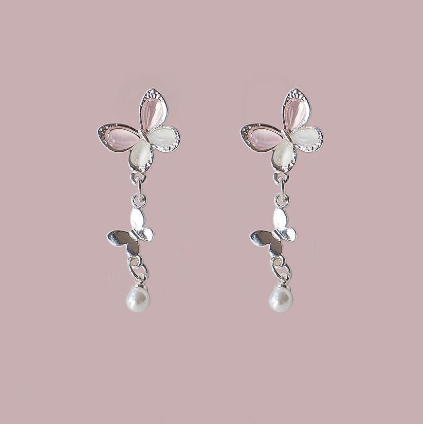 925 Sterling Silver Butterfly Faux Pearl Drop Earring / Clip-On Earring