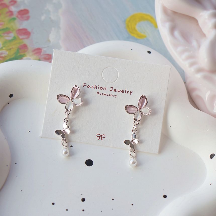925 Sterling Silver Butterfly Faux Pearl Drop Earring / Clip-On Earring