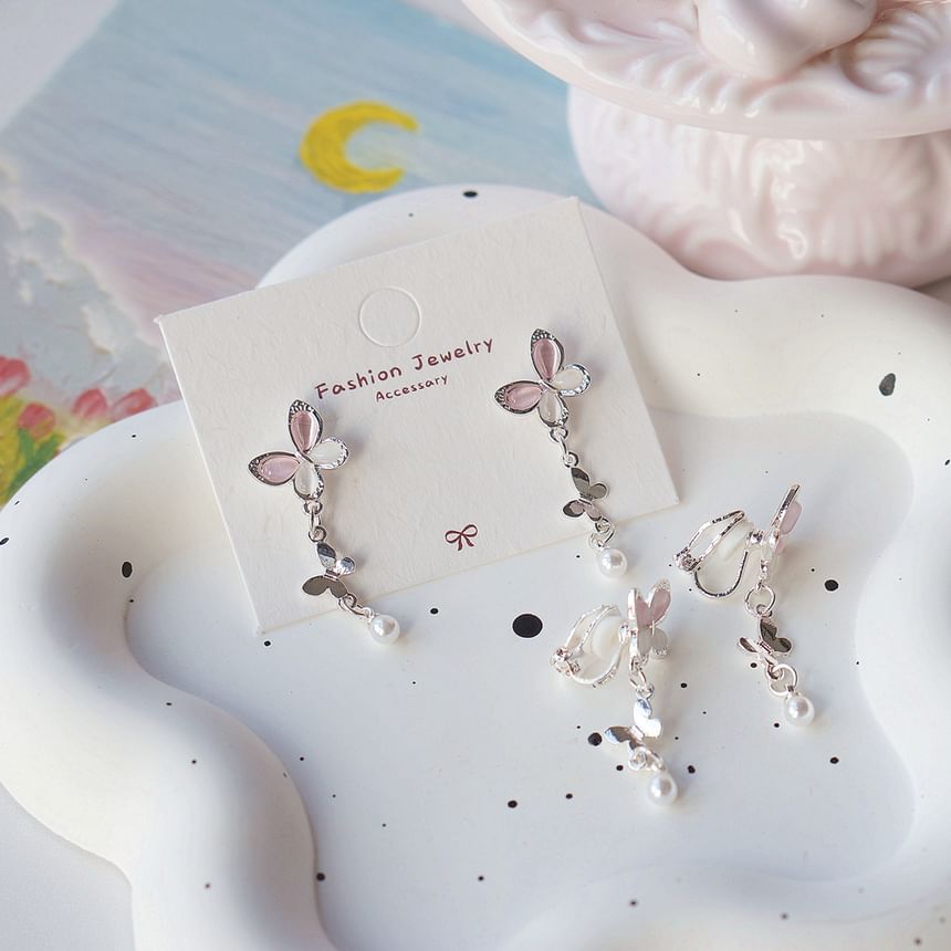 925 Sterling Silver Butterfly Faux Pearl Drop Earring / Clip-On Earring