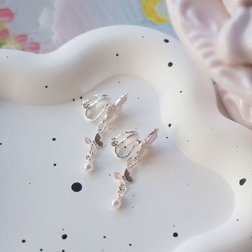 925 Sterling Silver Butterfly Faux Pearl Drop Earring / Clip-On Earring