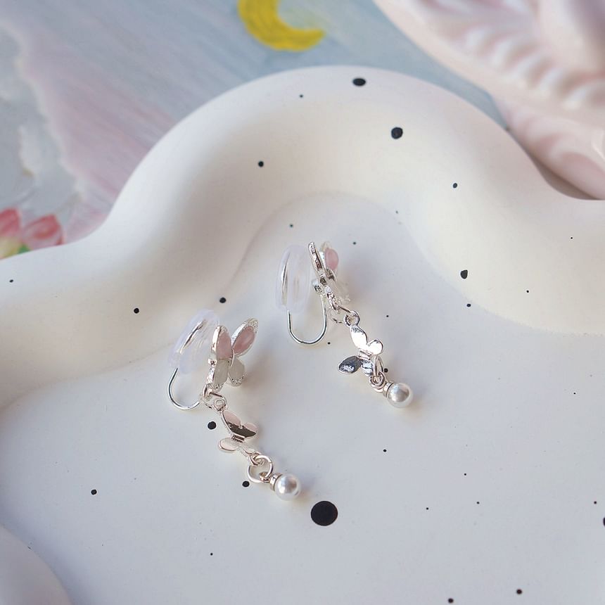 925 Sterling Silver Butterfly Faux Pearl Drop Earring / Clip-On Earring