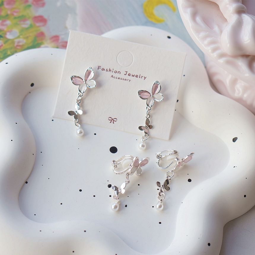 925 Sterling Silver Butterfly Faux Pearl Drop Earring / Clip-On Earring