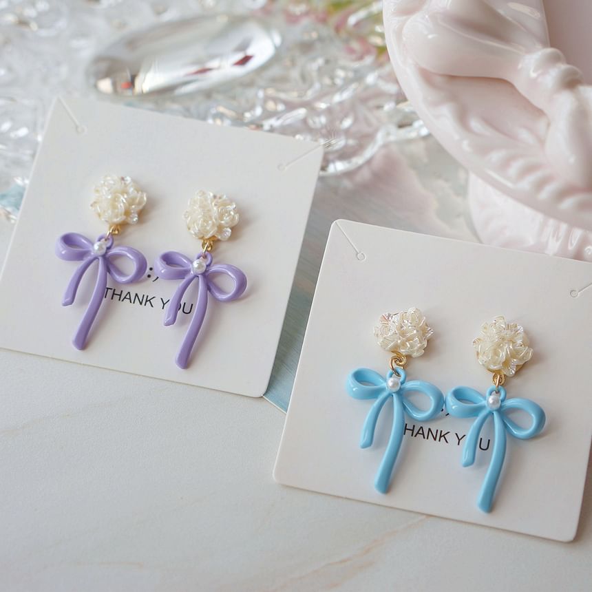 Sterling 925 Clip-On Earring Drop Flower Silver Bow /