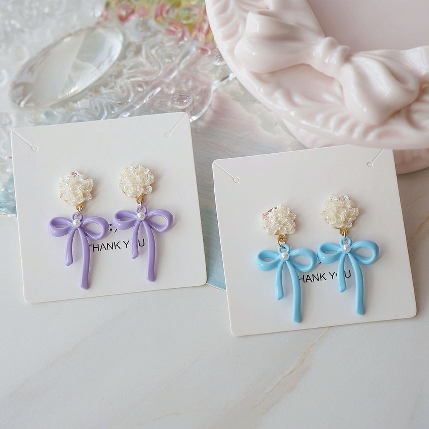 Sterling 925 Clip-On Earring Drop Flower Silver Bow /