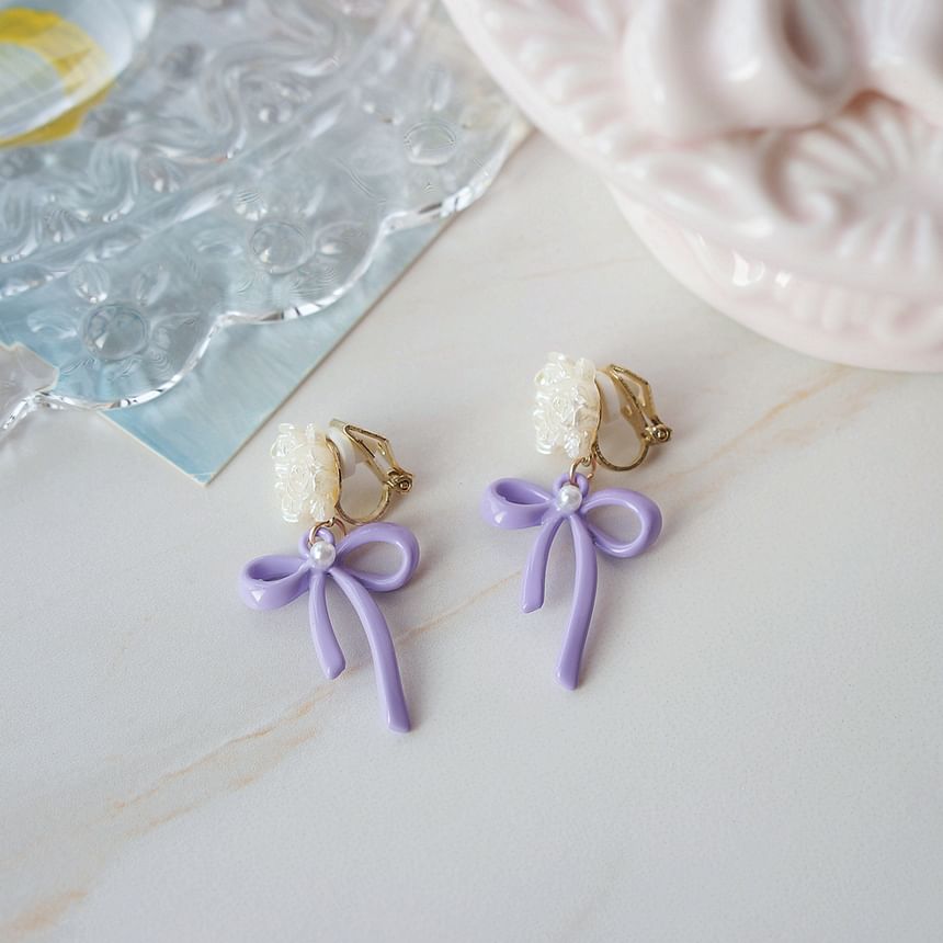 Sterling 925 Clip-On Earring Drop Flower Silver Bow /