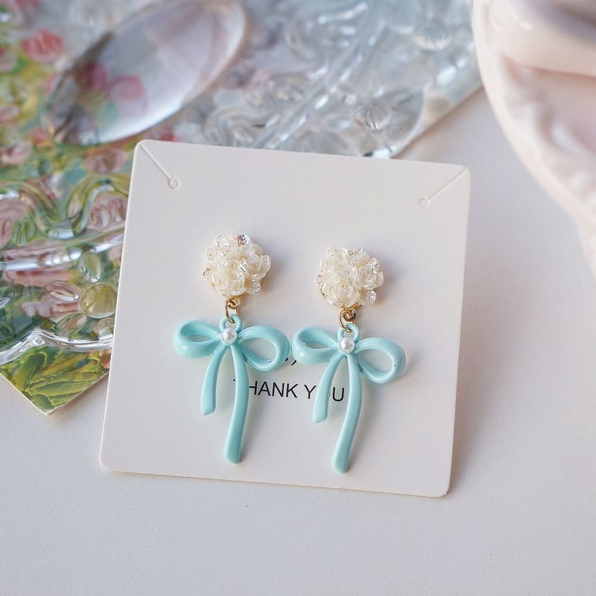 Sterling 925 Clip-On Earring Drop Flower Silver Bow /