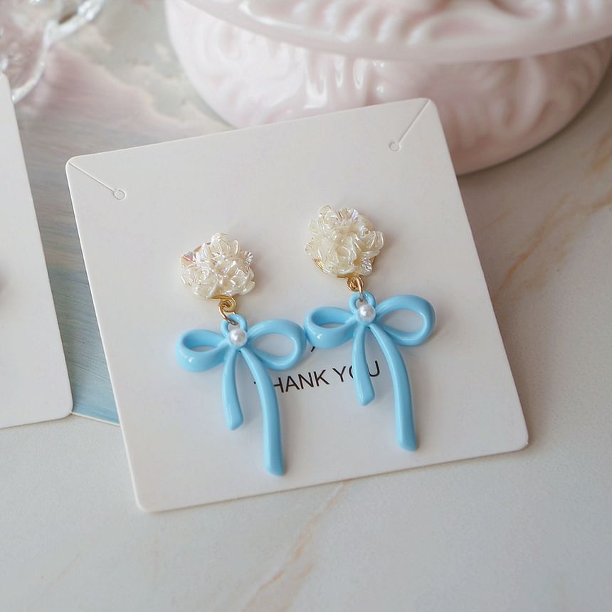 Sterling 925 Clip-On Earring Drop Flower Silver Bow /