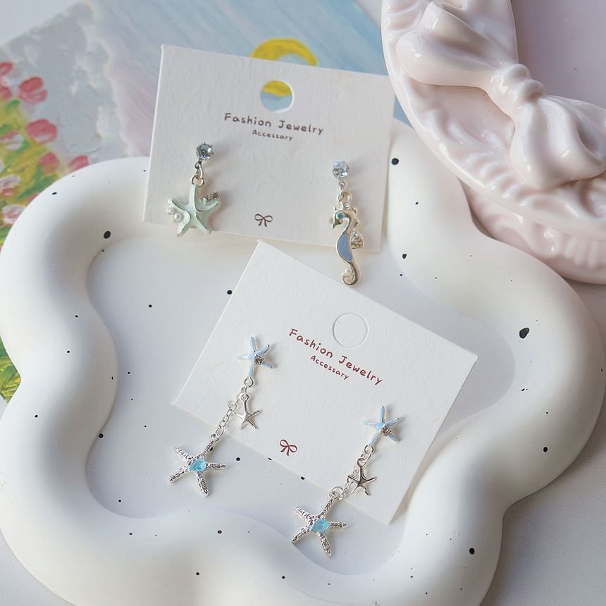 Clip-On Rhinestone Silver Earring Sterling Starfish 925 Drop /