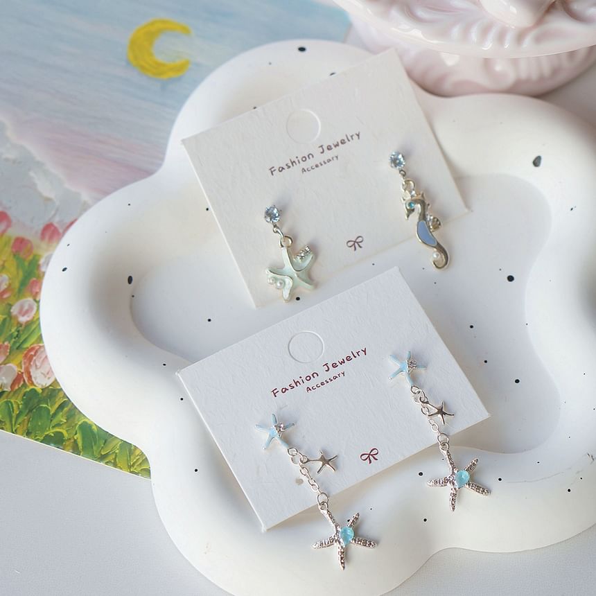 Clip-On Rhinestone Silver Earring Sterling Starfish 925 Drop /