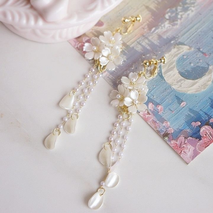 Sterling Earring 925 Flower Clip-On Drop Silver Pearl Faux /