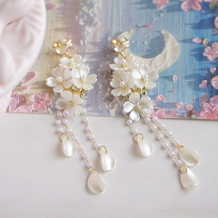 Sterling Earring 925 Flower Clip-On Drop Silver Pearl Faux /