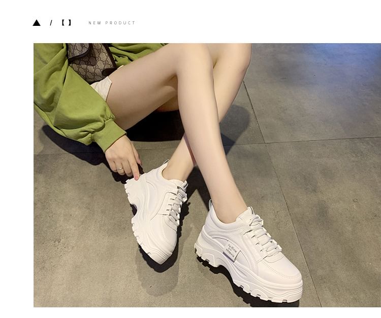 Platform Lace-Up Sneakers Plain Leather Faux
