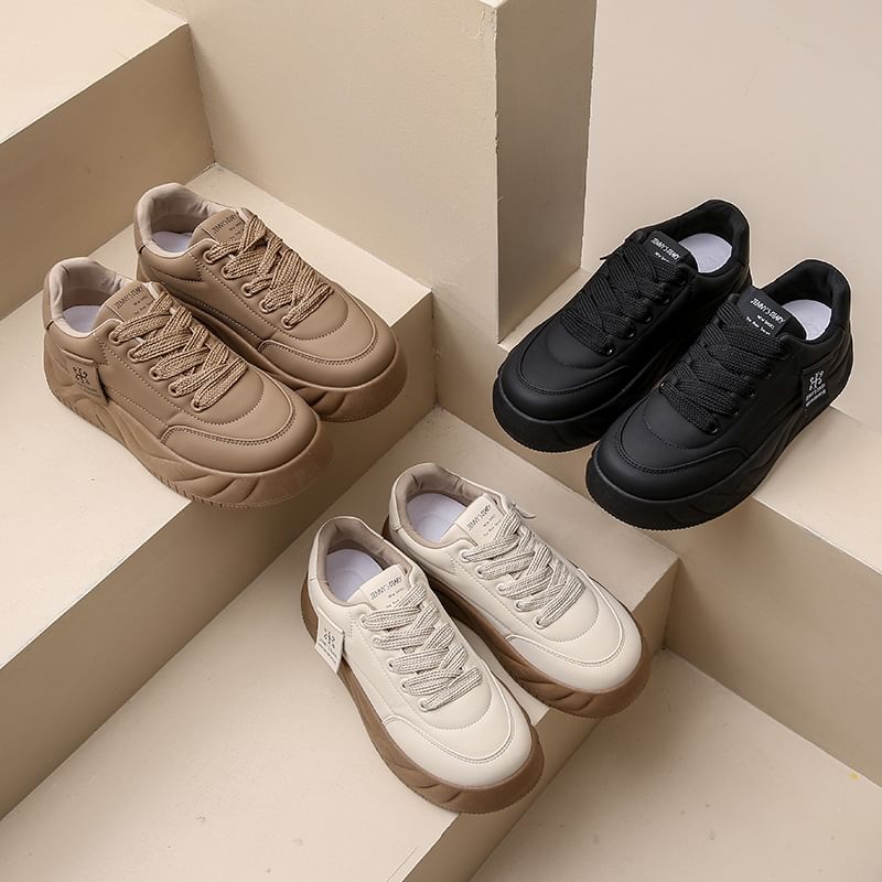 Platform Sneakers Leather Faux Lace-Up