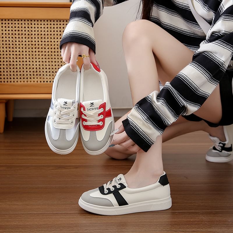 Lace-Up Leather Sneakers Block Color Faux