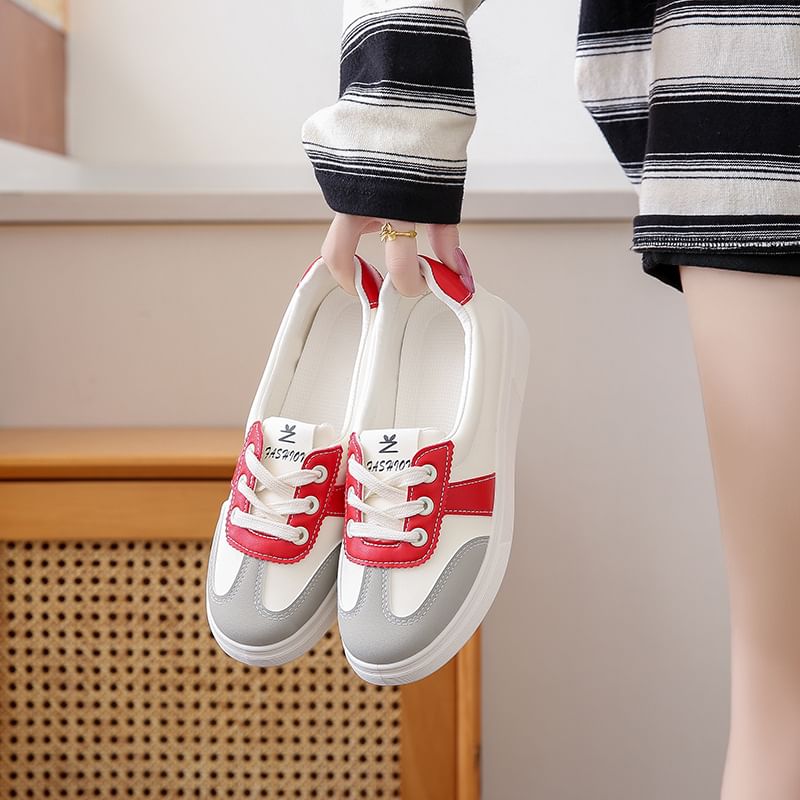 Lace-Up Leather Sneakers Block Color Faux