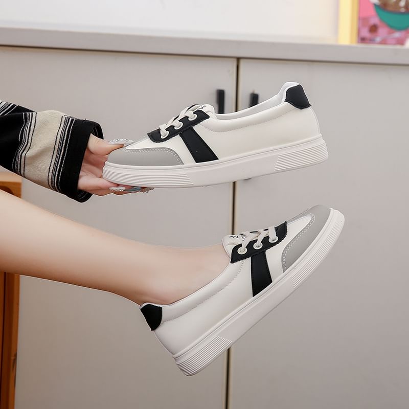 Lace-Up Leather Sneakers Block Color Faux