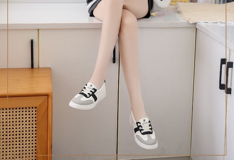 Lace-Up Leather Sneakers Block Color Faux