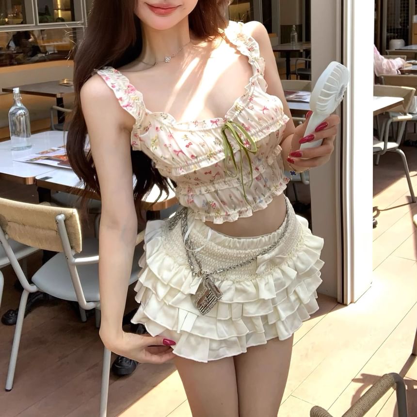 Panel Mini Top Floral Waist Crop A-Line Camisole Print Tiered / Frill Skirt Plain Elastic Bow