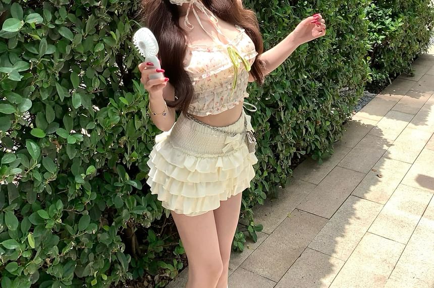 Panel Mini Top Floral Waist Crop A-Line Camisole Print Tiered / Frill Skirt Plain Elastic Bow