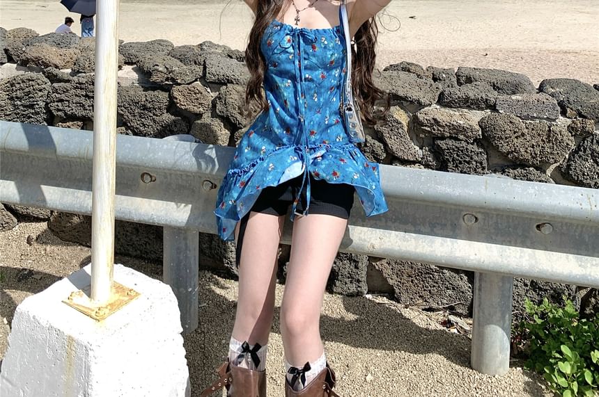 Tie-Up Asymmetrical Top Cami Floral Print