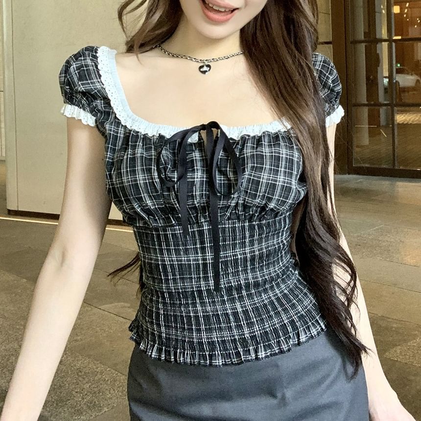 Bow Top Neck Short Square Sleeve Plaid Shirred