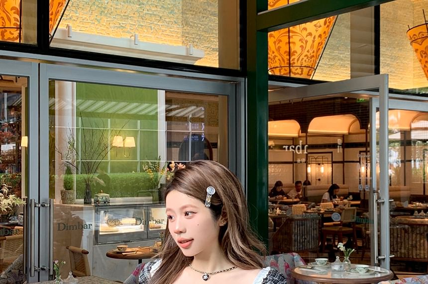 Bow Top Neck Short Square Sleeve Plaid Shirred