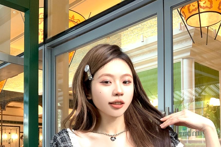 Bow Top Neck Short Square Sleeve Plaid Shirred