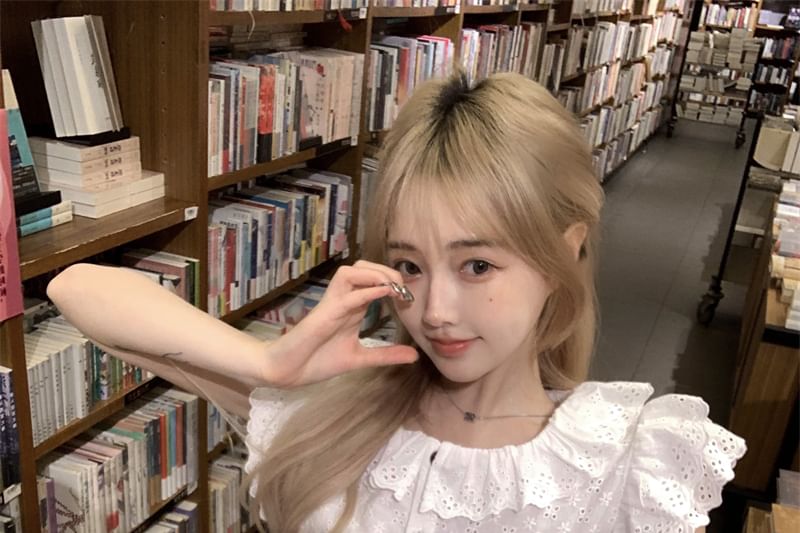 Ruffle Collared Embroidered Plain Sleeve Blouse Eyelet Cap