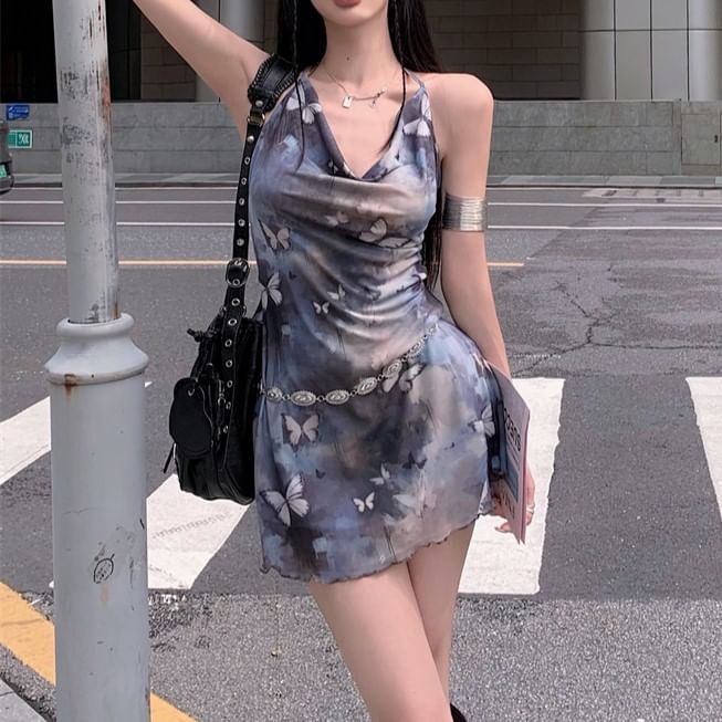 Sleeveless Neck Print Butterfly Mini A-Line Cowl Dress