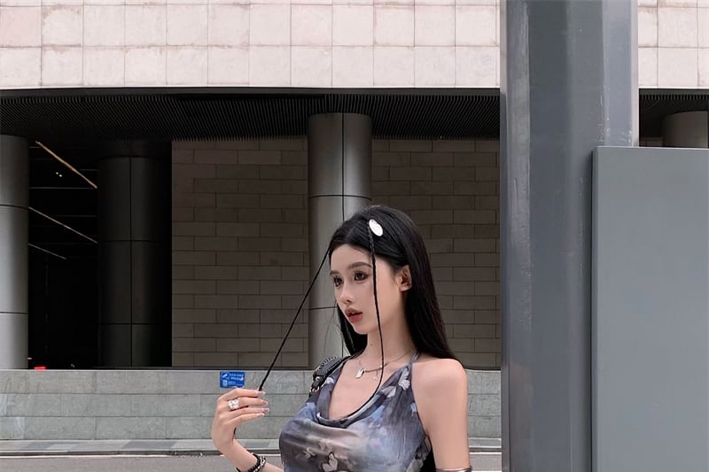 Sleeveless Neck Print Butterfly Mini A-Line Cowl Dress