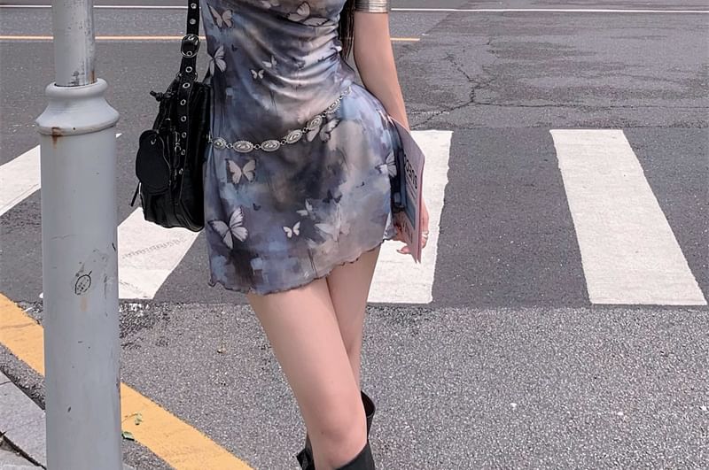 Sleeveless Neck Print Butterfly Mini A-Line Cowl Dress