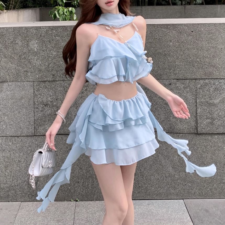 Mini Ruffle A-Line Waist Crop Top Tiered High / Skirt Camisole Plain