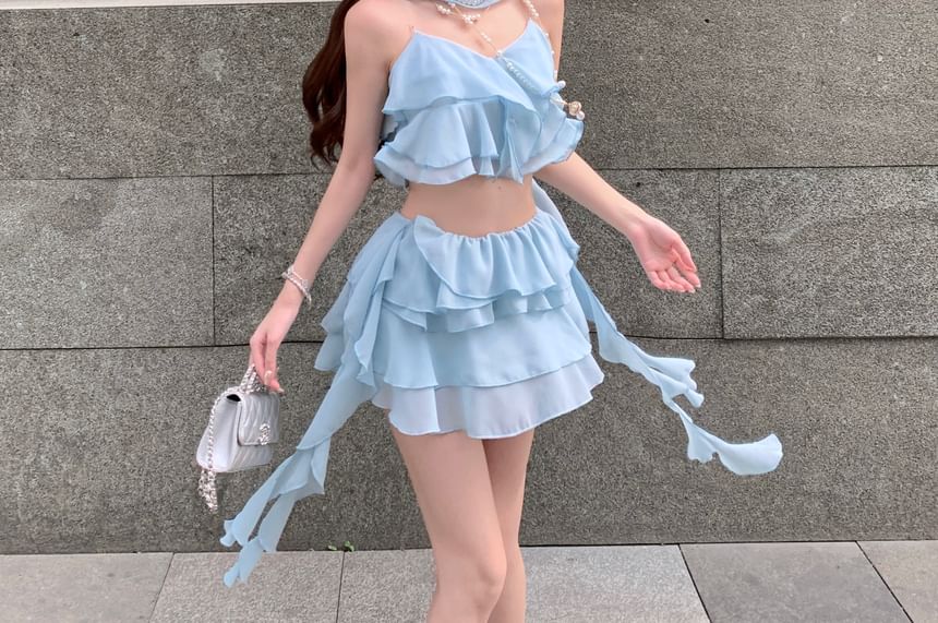 Mini Ruffle A-Line Waist Crop Top Tiered High / Skirt Camisole Plain
