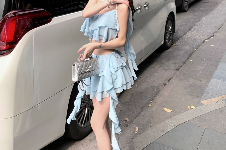 Mini Ruffle A-Line Waist Crop Top Tiered High / Skirt Camisole Plain