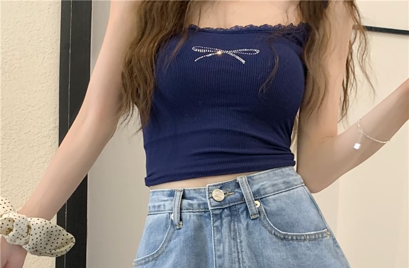 Bow Mini Washed Denim High Fray Waist Shorts A-Line