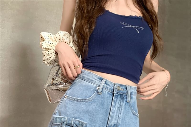 Bow Mini Washed Denim High Fray Waist Shorts A-Line