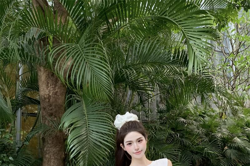 One Mini Plain / Shoulder Tie-Up Drawstring Top A-Line Skirt Waist Sleeveless