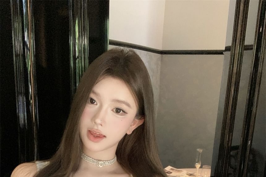 Mini Top Pearl Button Crop + Tweed Scoop Beaded Pencil High Faux Neck Waist Skirt Set: Sleeveless