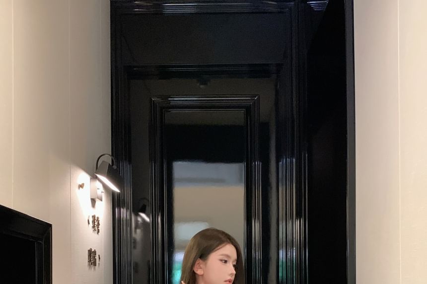 Mini Top Pearl Button Crop + Tweed Scoop Beaded Pencil High Faux Neck Waist Skirt Set: Sleeveless