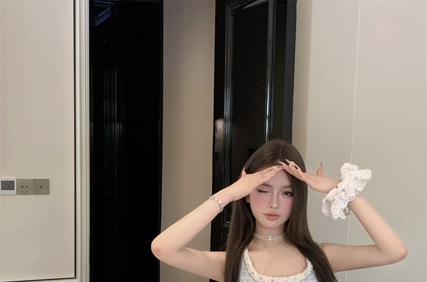 Mini Top Pearl Button Crop + Tweed Scoop Beaded Pencil High Faux Neck Waist Skirt Set: Sleeveless