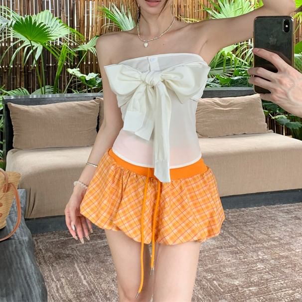 A-Line Tube Plaid Drawstring Waist Skirt Top Plain / Balloon Bow Mini