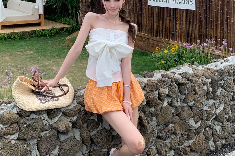A-Line Tube Plaid Drawstring Waist Skirt Top Plain / Balloon Bow Mini