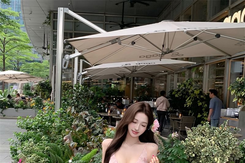 Maxi Print Dress Spaghetti Sheath Strap Floral Bow Ruffle