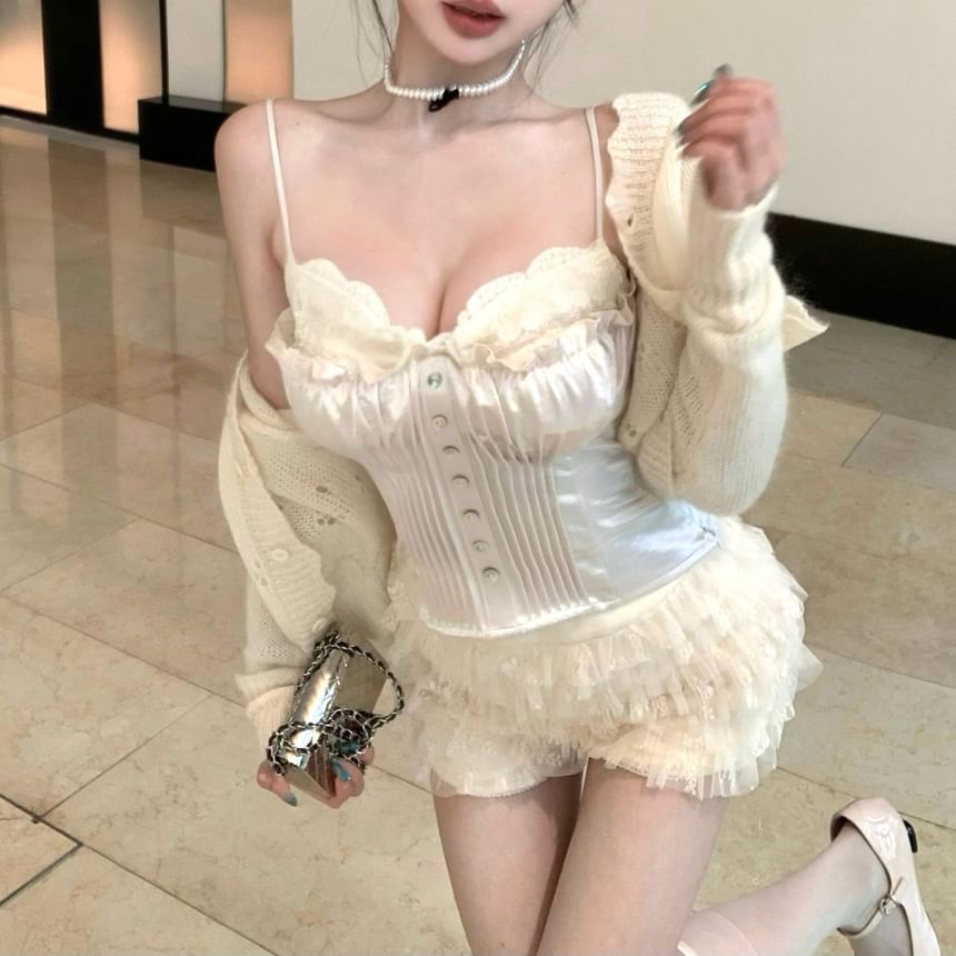 Plain High / Top Waist Shorts Mesh Button Cardigan Satin Panel V-Neck Lace Tiered Pointelle Camisole