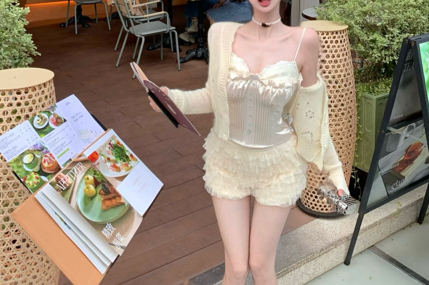 Plain High / Top Waist Shorts Mesh Button Cardigan Satin Panel V-Neck Lace Tiered Pointelle Camisole