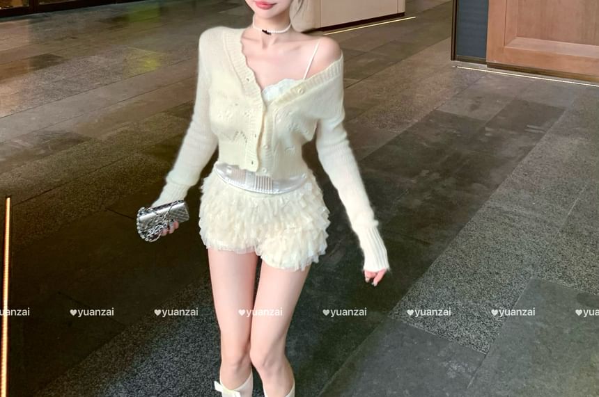 Plain High / Top Waist Shorts Mesh Button Cardigan Satin Panel V-Neck Lace Tiered Pointelle Camisole