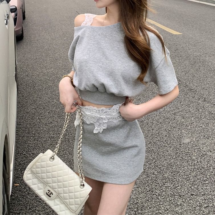 Waist Crop Mini Panel Cold Skirt Sleeveless + Top Lace Shoulder High Set: Pencil