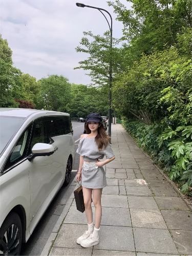 Waist Crop Mini Panel Cold Skirt Sleeveless + Top Lace Shoulder High Set: Pencil