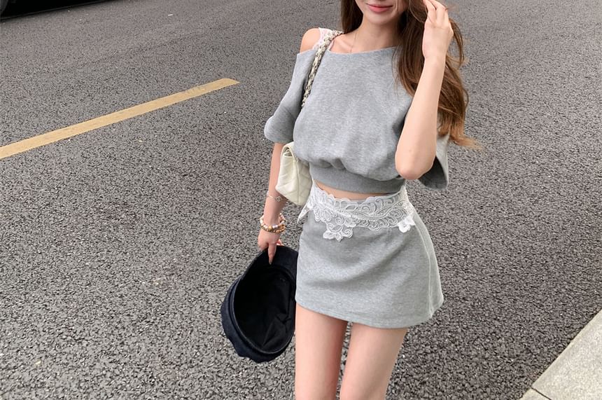 Waist Crop Mini Panel Cold Skirt Sleeveless + Top Lace Shoulder High Set: Pencil