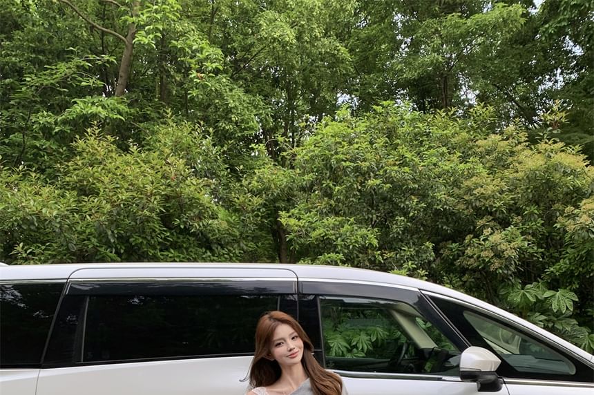 Waist Crop Mini Panel Cold Skirt Sleeveless + Top Lace Shoulder High Set: Pencil